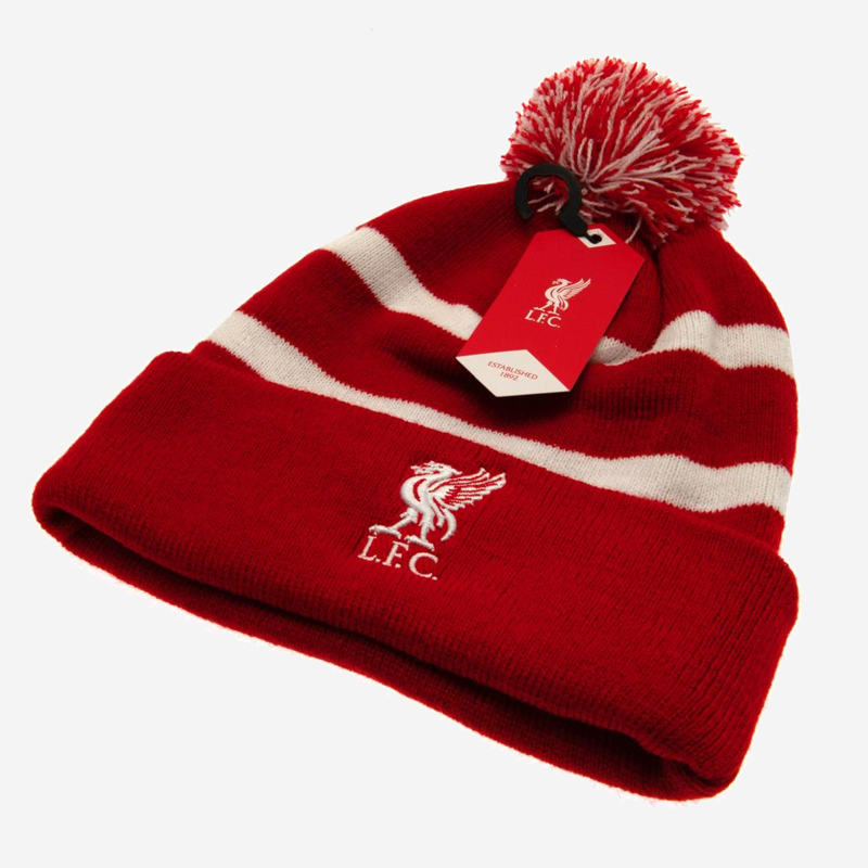 Liverpool FC Hat Knit Red with White Stripes Crest and Bobble 2